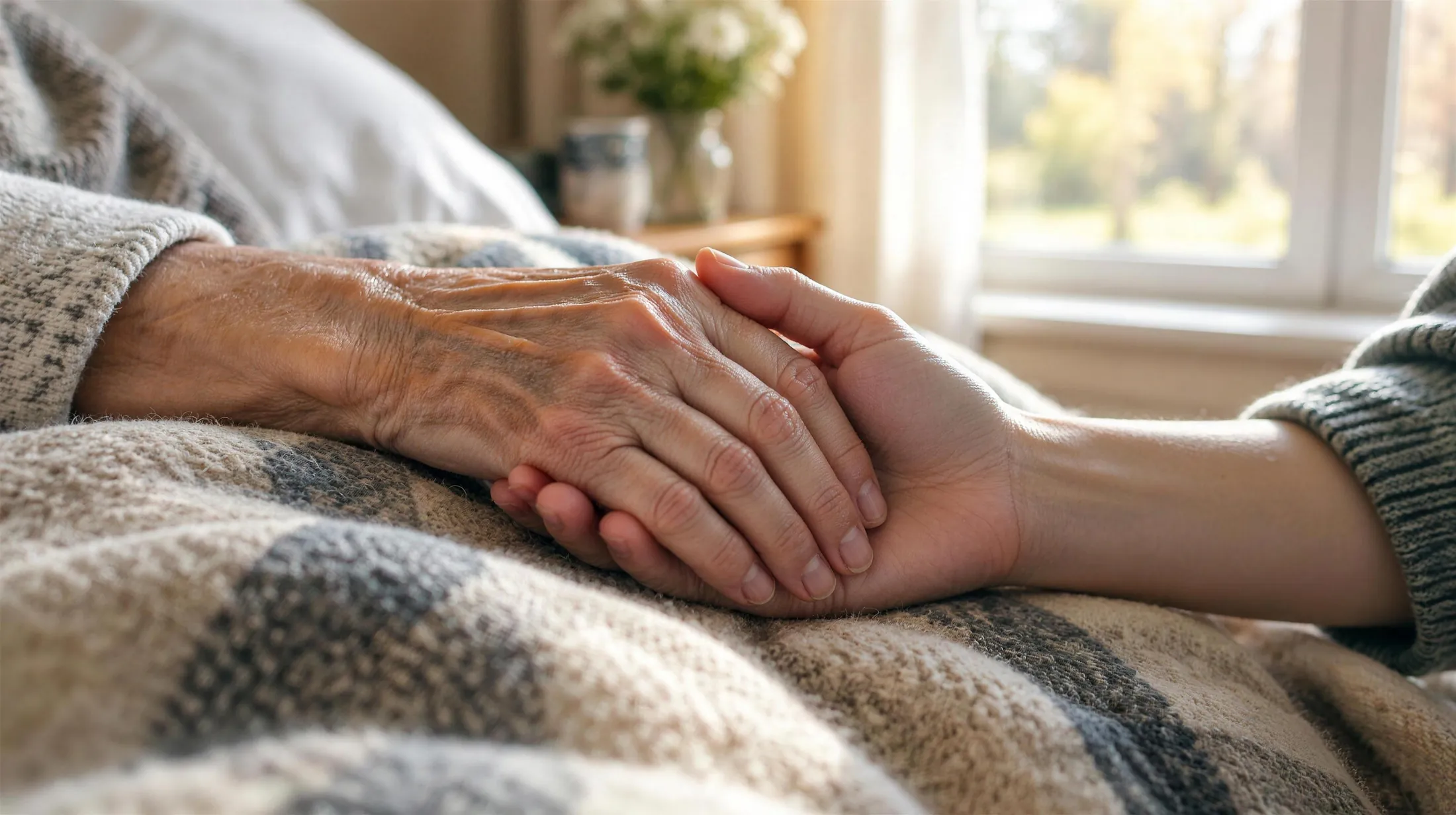 Eine ältere Hand ruht in einer jüngeren Hand auf einer Wolldecke